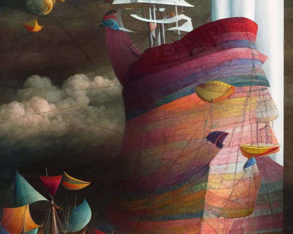 Surreal artwork of ships, lighthouse, umbrellas on colorful landscape