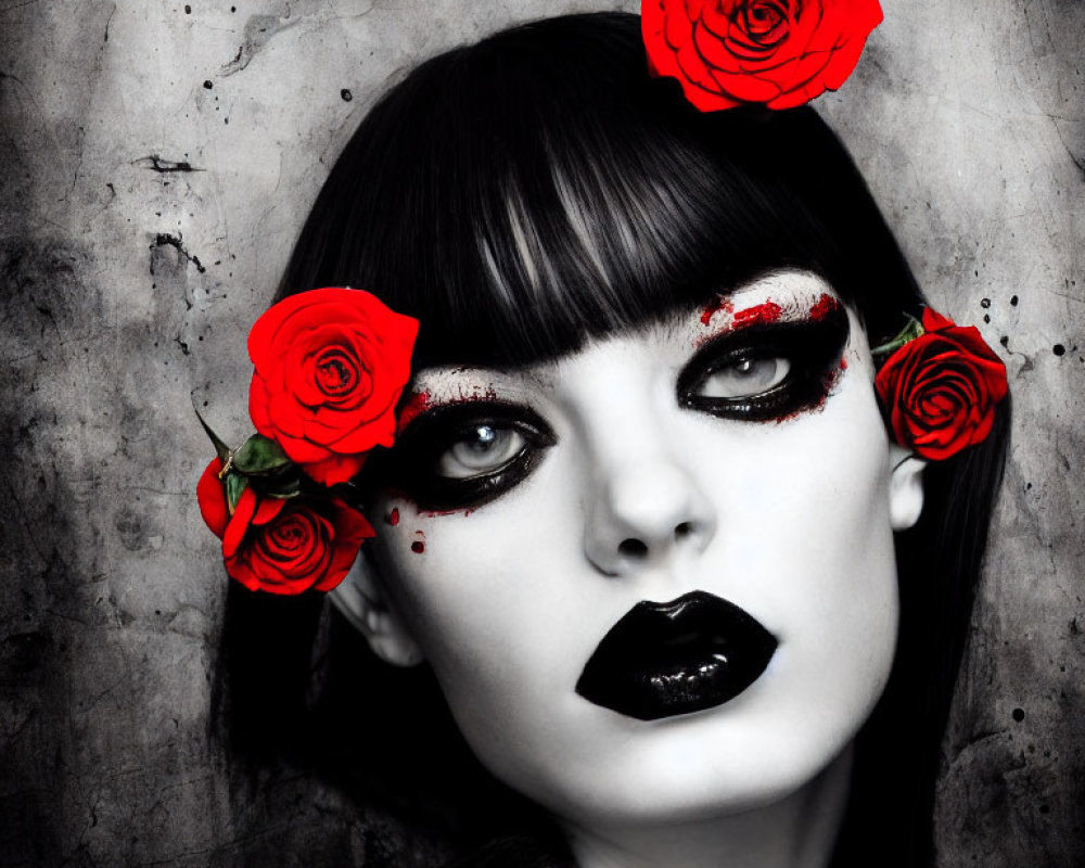 Monochrome portrait of woman with red roses, dramatic makeup, and textured background