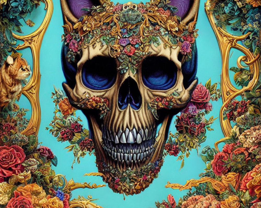 Floral Skull with Golden Accents on Turquoise Background