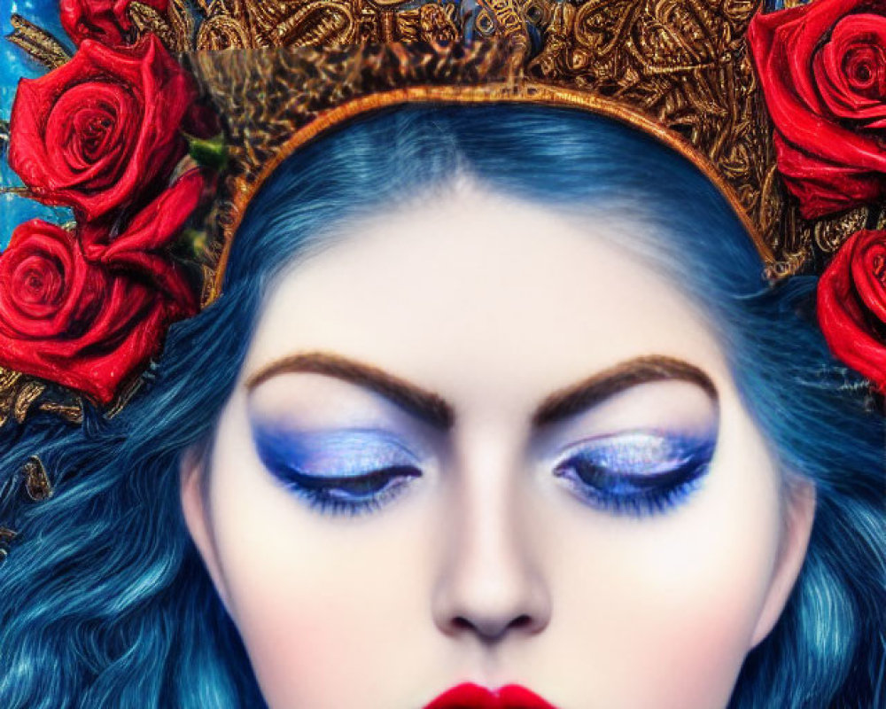 Digital artwork featuring woman with blue hair, vibrant makeup, golden crown, red roses, starry background