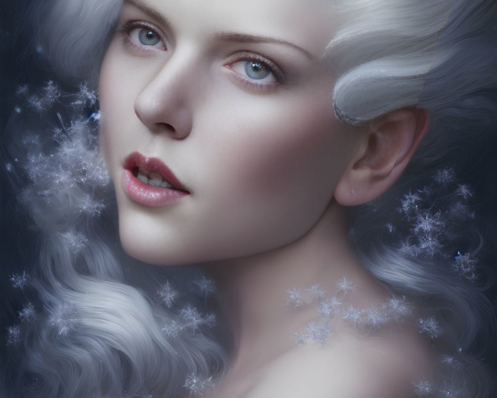 Digital painting of person with pale skin, icy blue eyes, white wavy hair, surrounded by snow