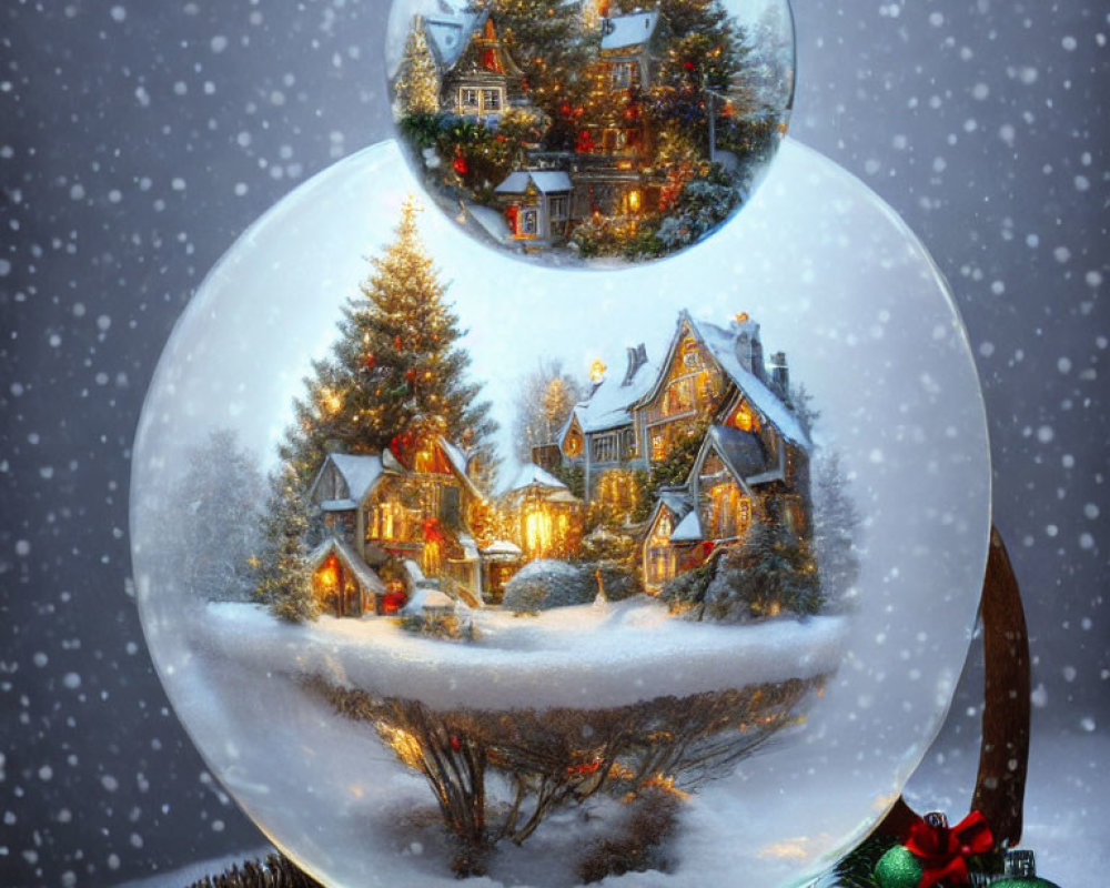 Snow Globe with Snowy Village and Decorated Tree Scene