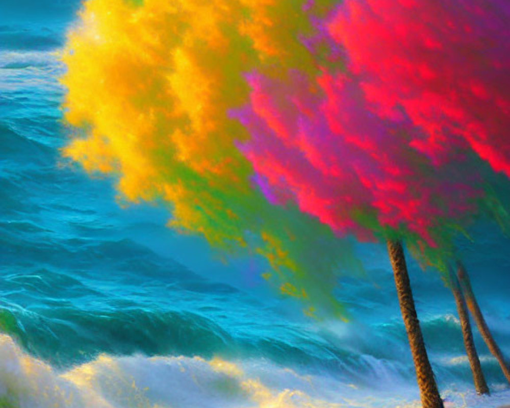 Colorful gradient tree by blue ocean with sandy shore