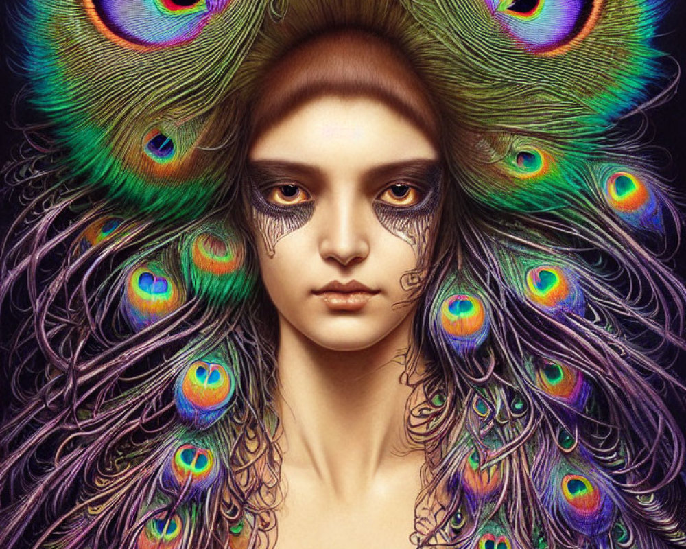 Vibrant digital artwork: person with peacock feather hair