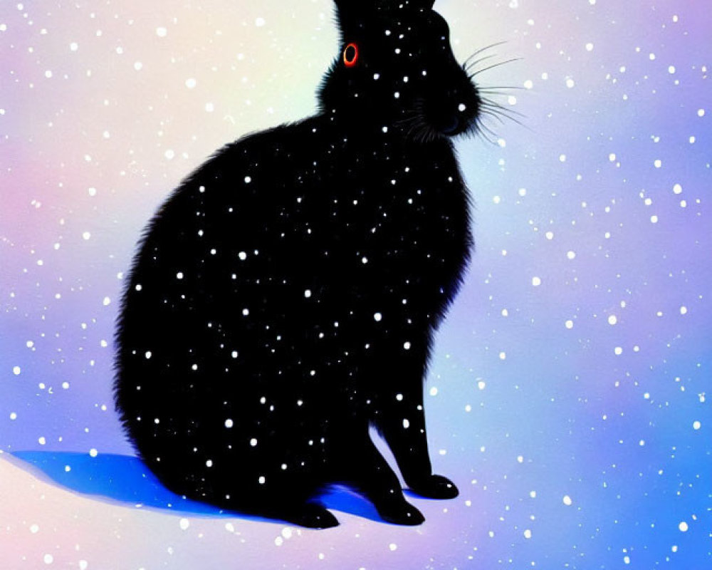 Stylized black rabbit with cosmic texture on blue and pink backdrop