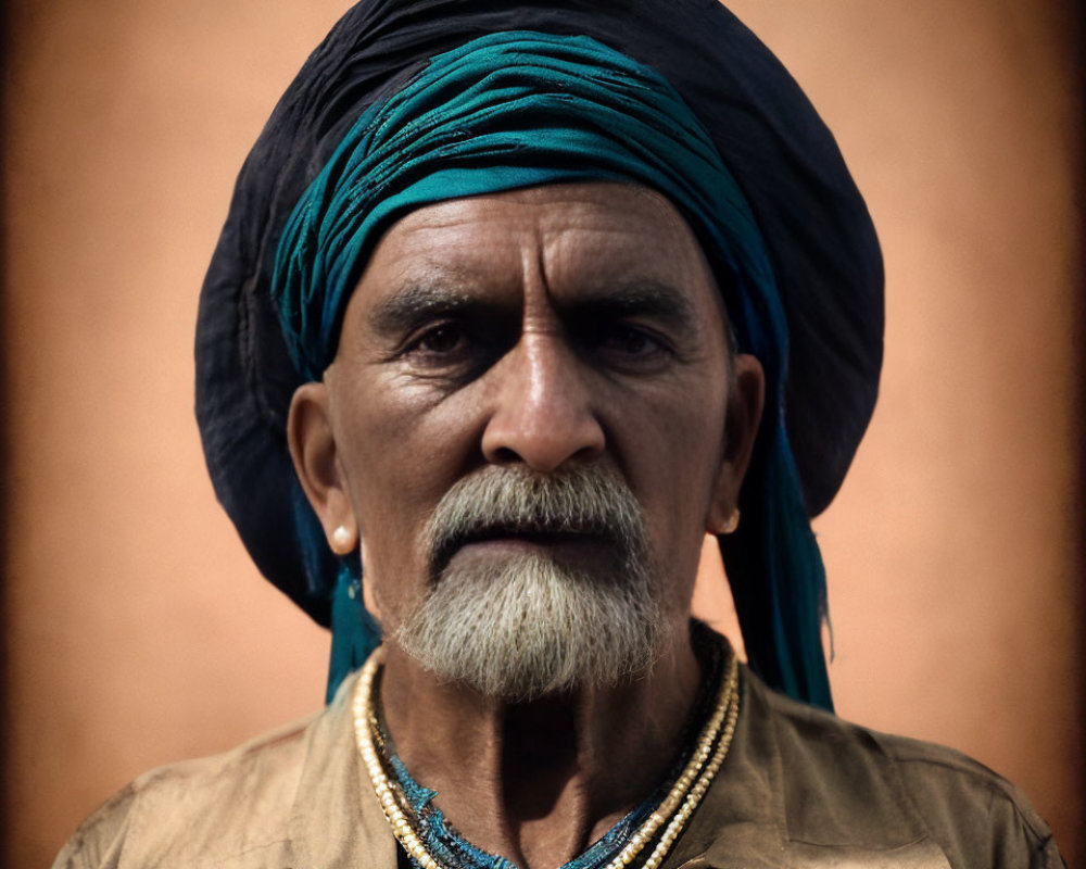 Weathered-faced man in teal turban and necklace against brown backdrop