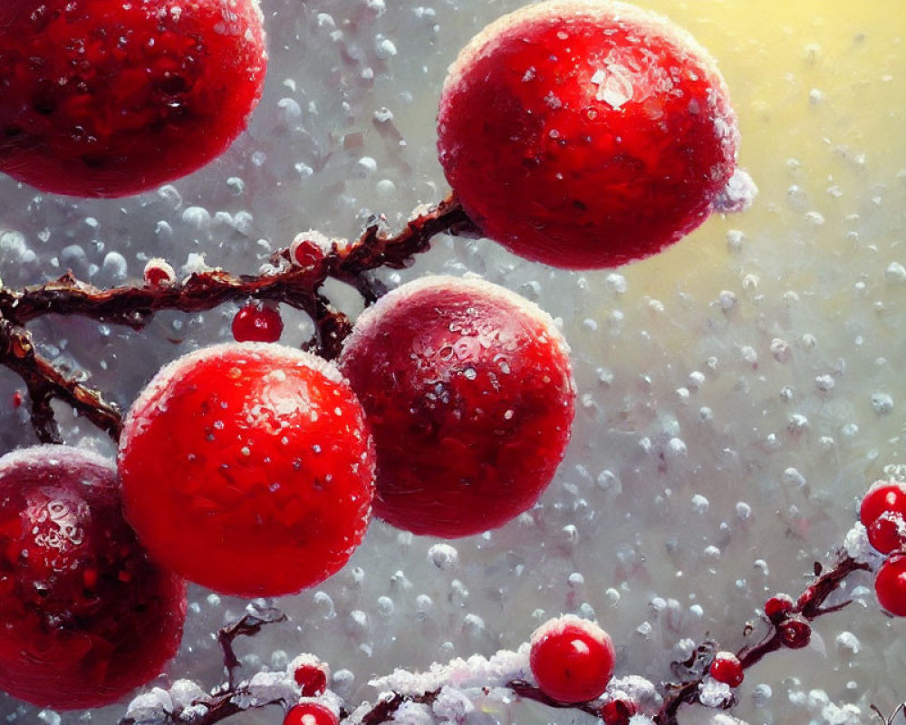 Branch with red berries and water droplets on blurry background.