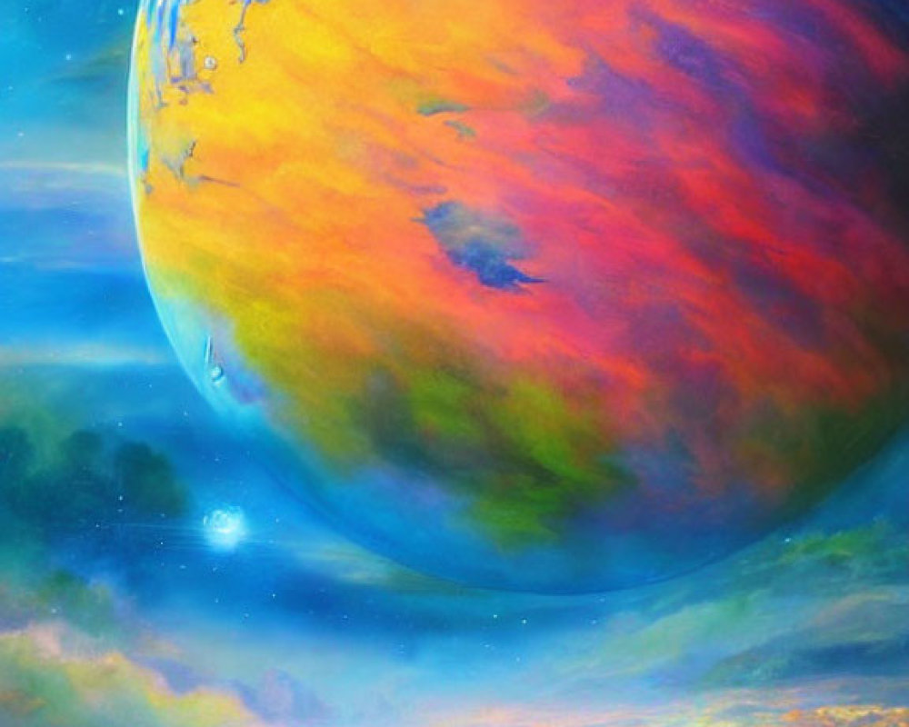 Colorful painting of a large planet in celestial cloudscape