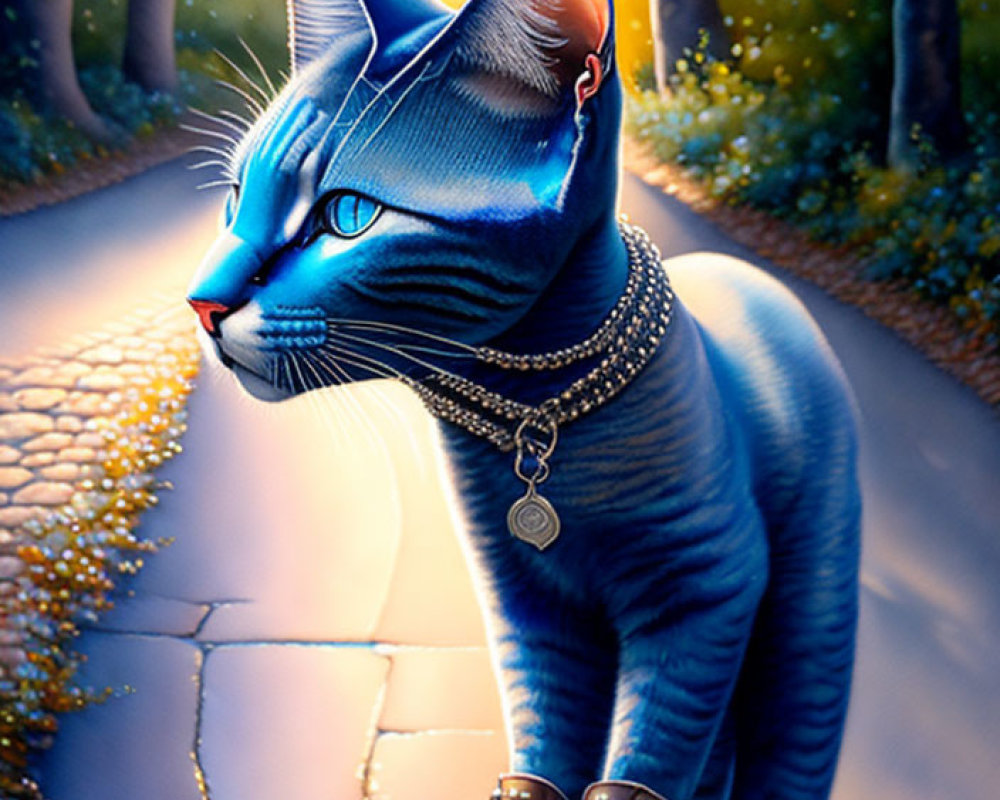 Blue cat with collar and boots strolling forest path under sunlight