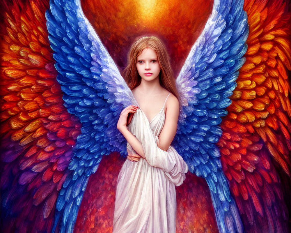 Woman with blue and orange wings in white dress on fiery background
