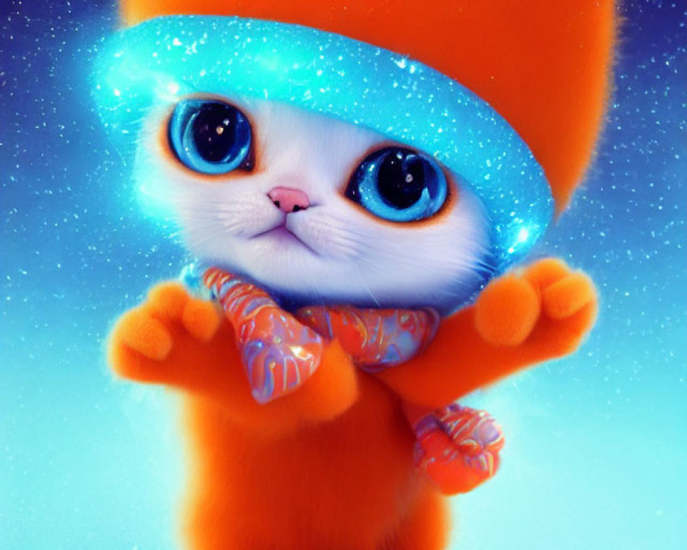 Animated orange kitten in blue snow hat and scarf on wintry blue background