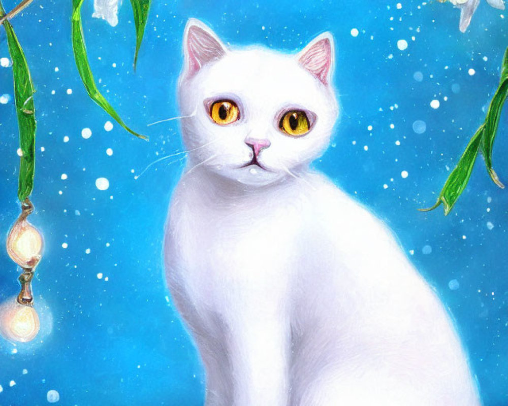 White Cat Among Blooming Flowers on Blue Background