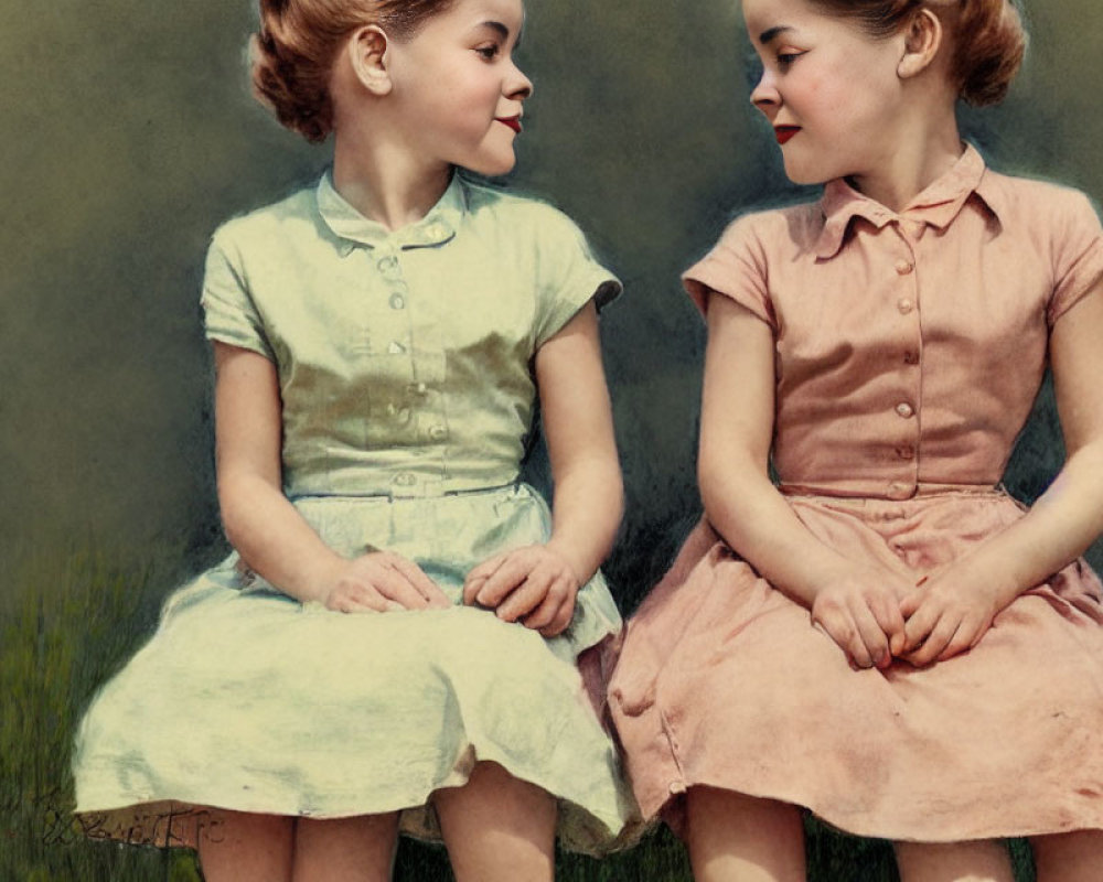 Vintage girls in outdoor setting, smiling and facing each other