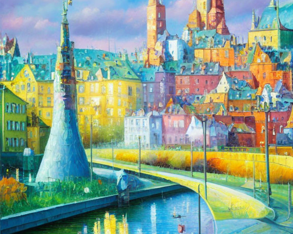 Colorful cityscape painting with castle, riverfront, and pastel sky.