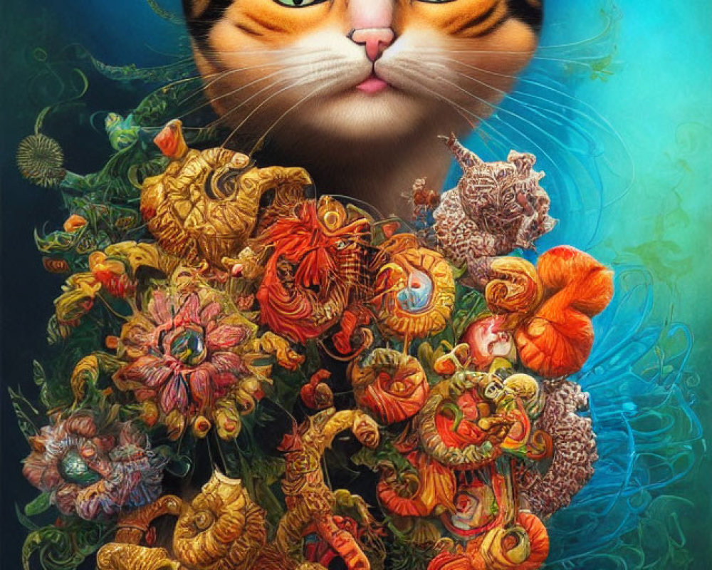 Colorful surreal artwork: Large cat head with vibrant eyes, surrounded by fantastical flowers and intricate patterns