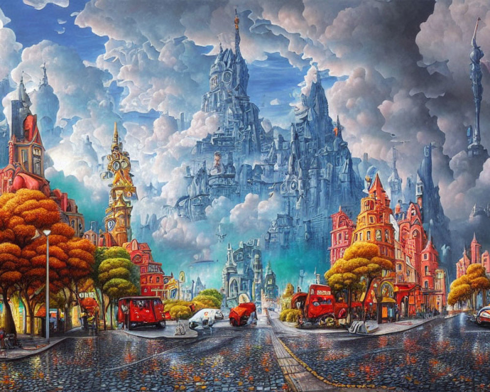 Colorful surreal cityscape painting with autumn trees and whimsical architecture.