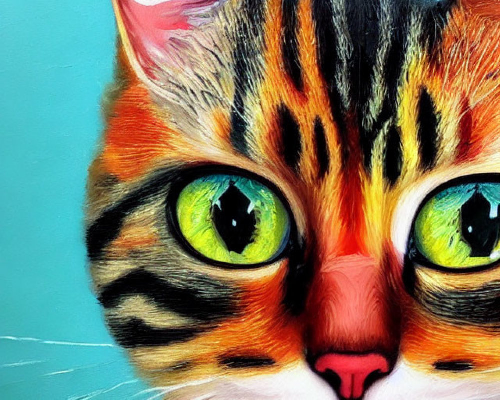 Colorful painting of a cat with green eyes and striped fur on turquoise background