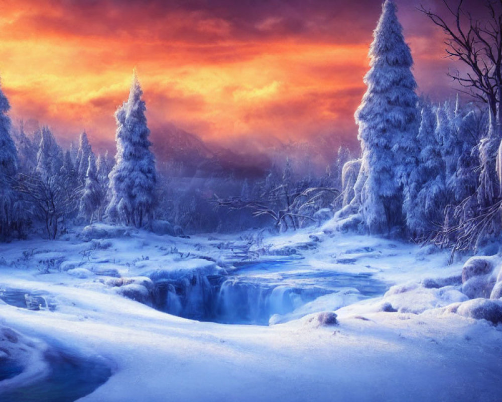 Snow-covered trees, cascading river, vibrant sunset in serene winter landscape