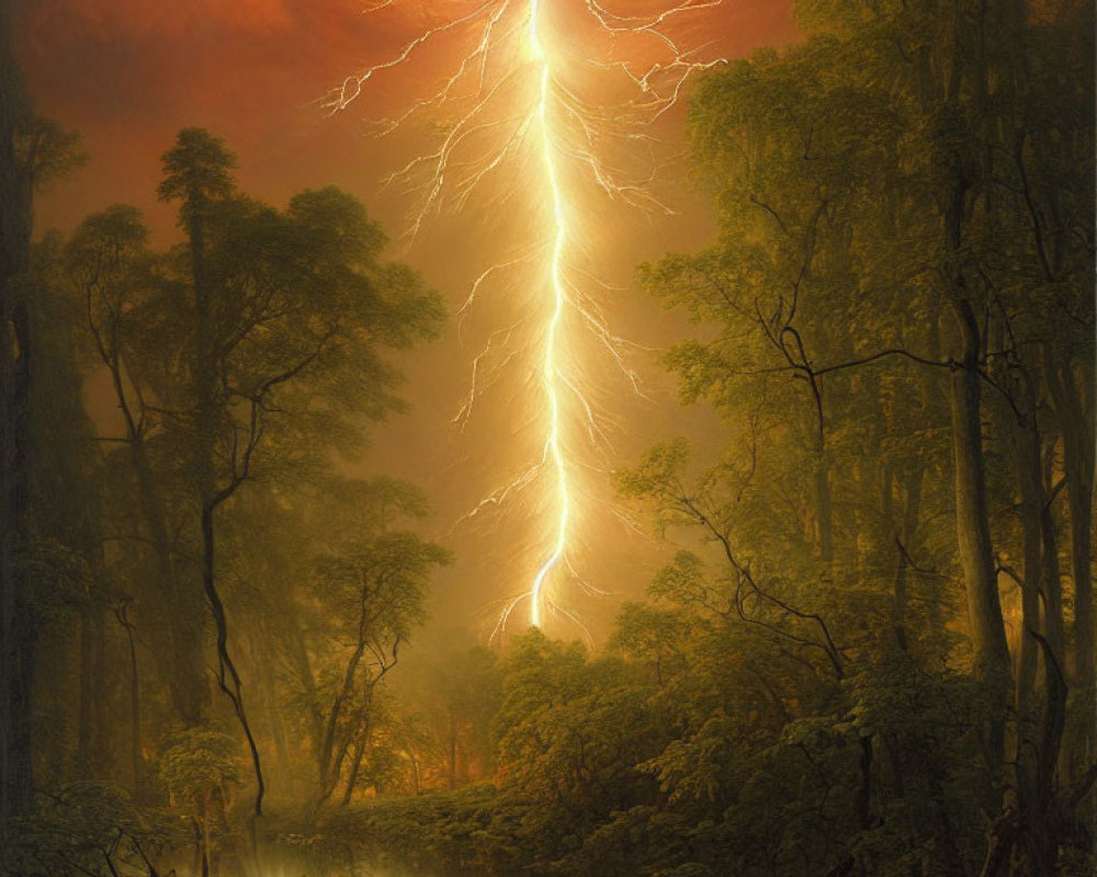 Vivid lightning bolt in dark forest with glowing trees & river