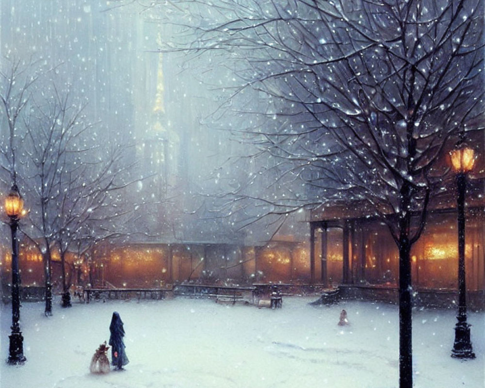 Person and dog walking in snowy urban park with street lamps and snow-covered buildings