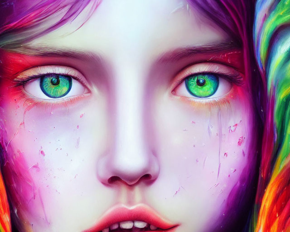 Colorful digital portrait of a person with green eyes and multicolored hair on purple background