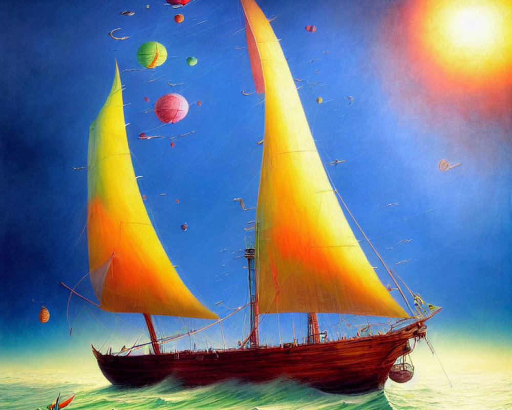 Colorful sailboat painting with yellow sails, balloons, and sunset scene