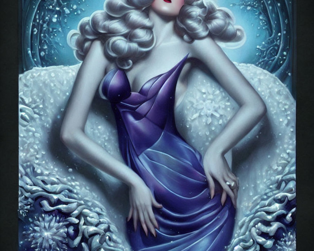 Illustrated Woman with Silver Hair and Purple Dress Amid Blue and White Waves