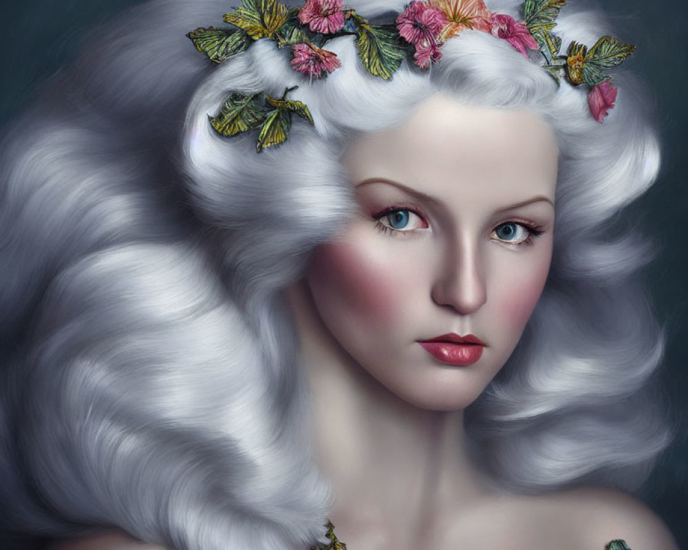 Portrait of woman with pale skin and silver hair in floral crown.