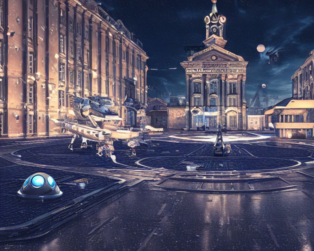 Futuristic city square at night with advanced vehicles, cobblestone streets, ornate buildings,