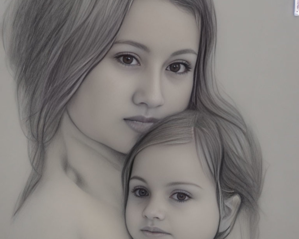 Detailed pencil drawing of woman and child with serene expressions