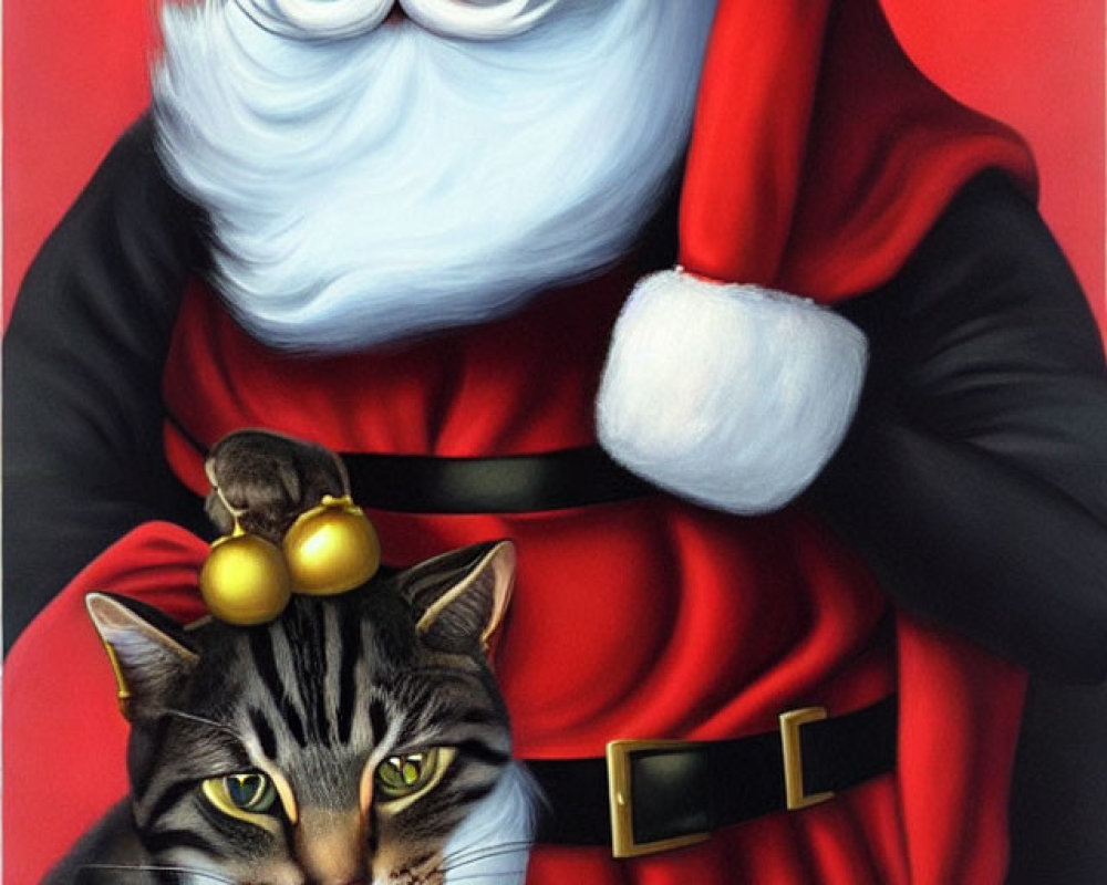 Festive Santa Claus with Tabby Cat on Red Background