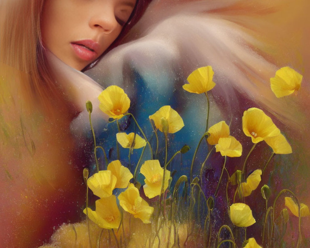 Person resting head in serene setting with yellow poppy flowers and starry backdrop.