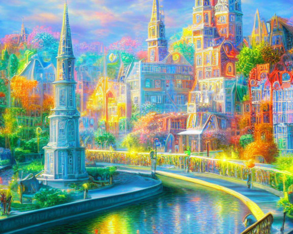 Colorful Painting of European City with River and Bridge
