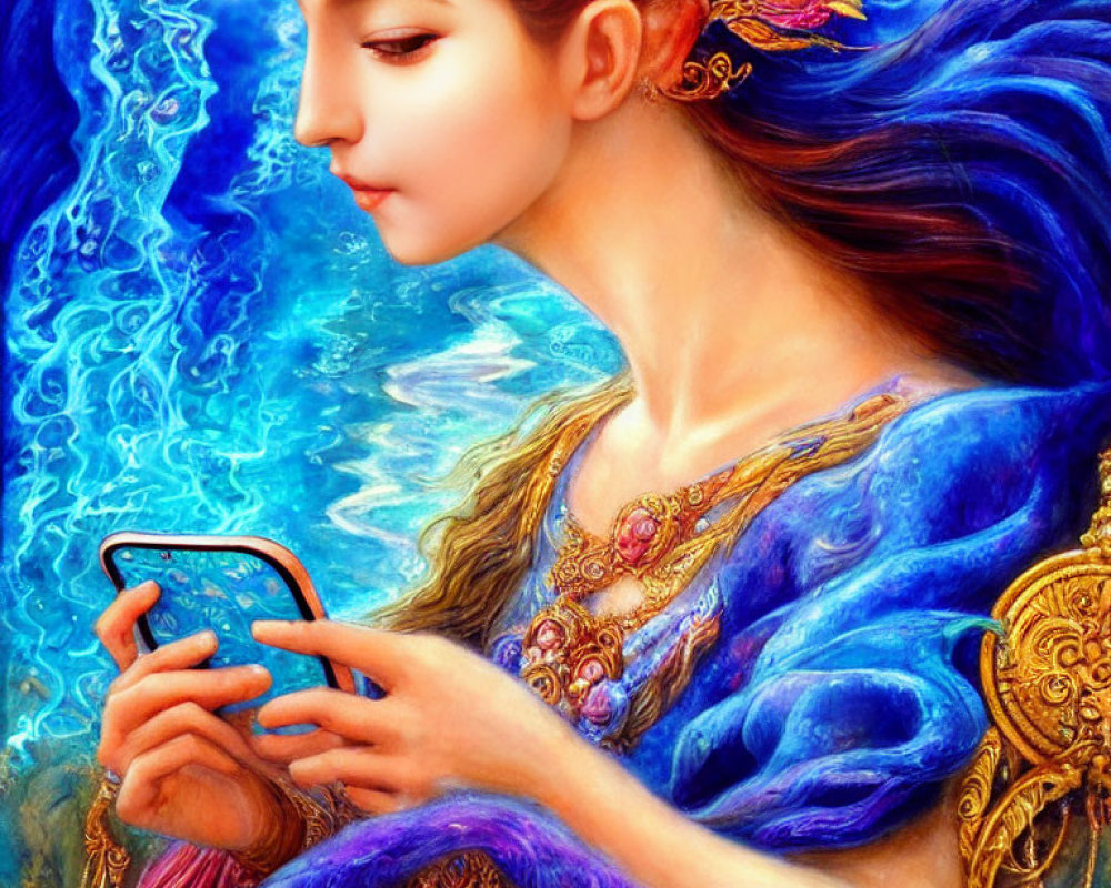 Colorful artwork of woman in gold attire with blue hair looking at phone on surreal backdrop