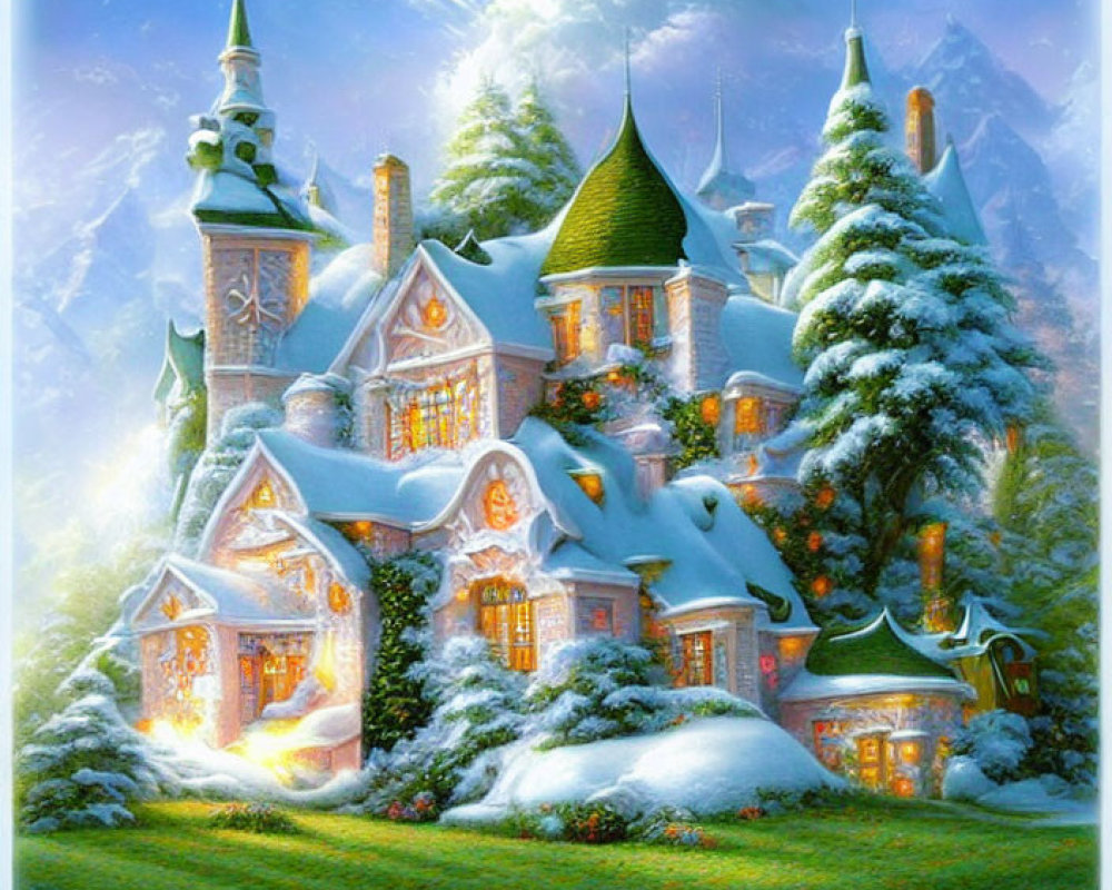 Snow-covered castle in winter landscape with warm glow and pathway.
