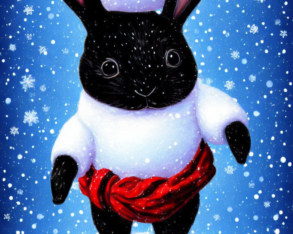 Black Rabbit in Red Scarf Standing in Snow with Snowflakes and Snowball