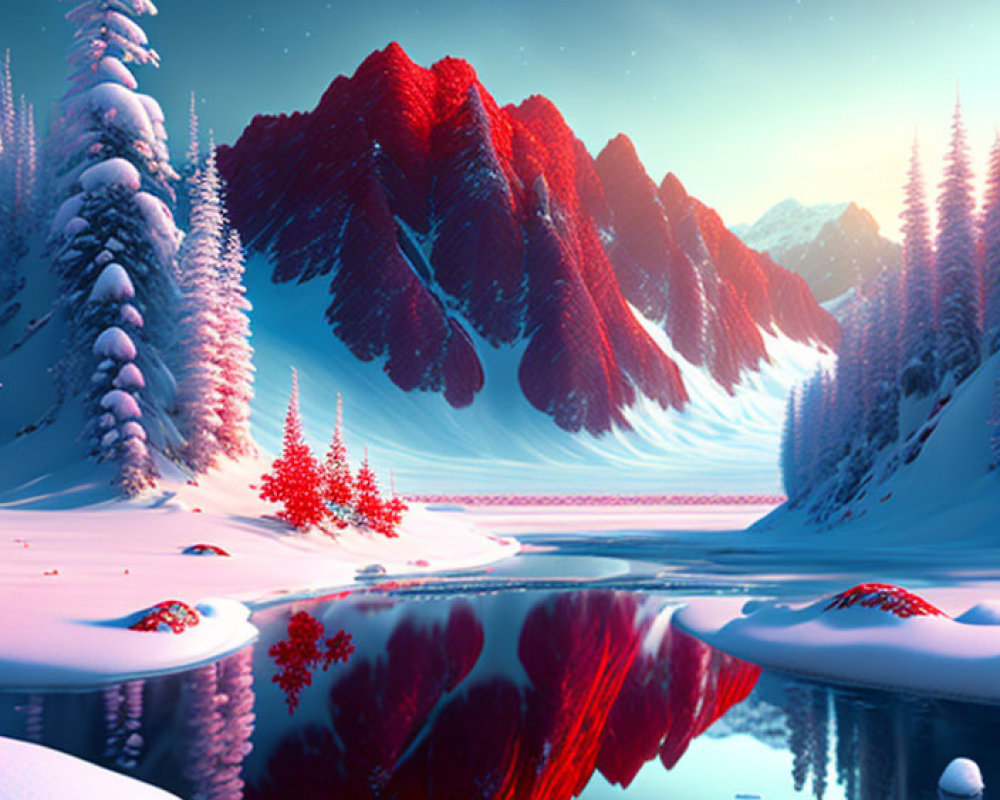 Snow-covered trees and mountains reflected in a still lake at twilight