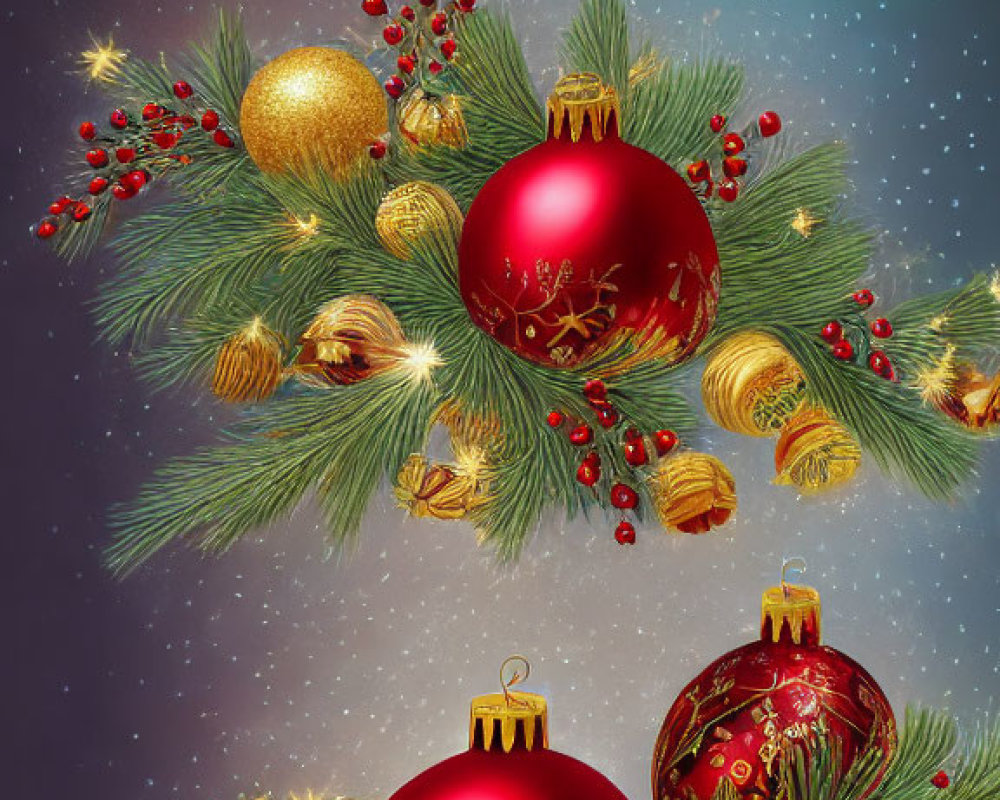 Christmas-themed illustration with red baubles, golden ornaments, and pine branches on a starry night