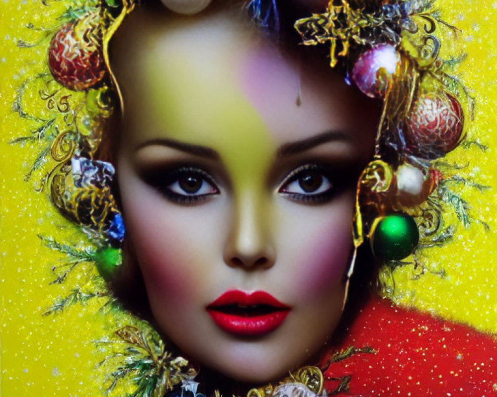 Colorful makeup and Christmas ornament headpiece on woman's face against glittery yellow backdrop