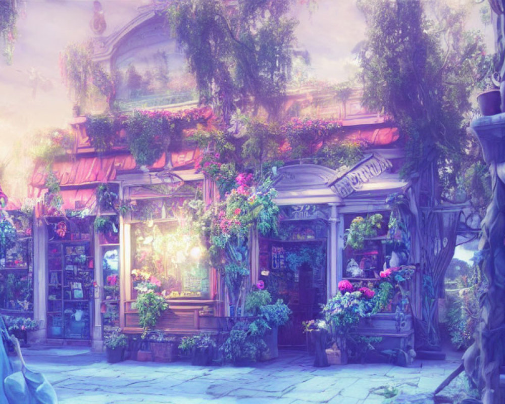Whimsical flower shop illustration with vibrant plants and classical architecture
