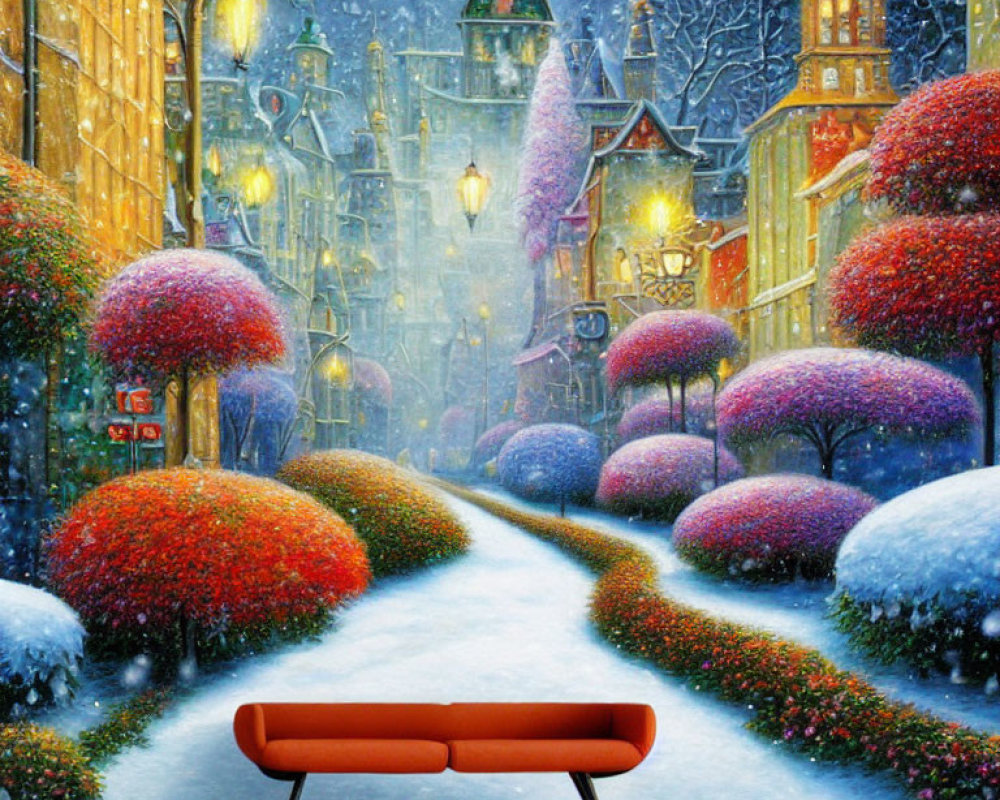 Colorful snowy street scene mural with whimsical trees and buildings next to orange couch