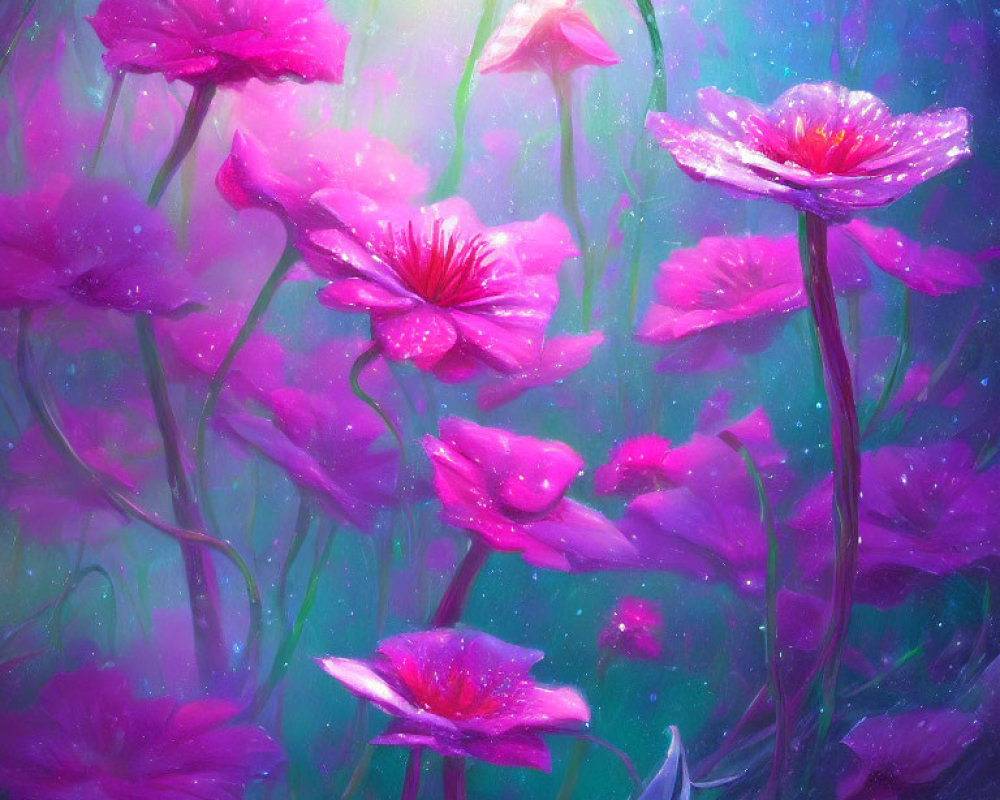 Vibrant digital painting of purple-pink flowers on soft green and blue background