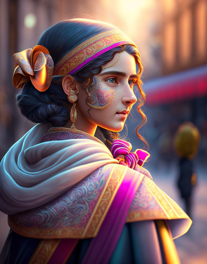 Elaborately Decorated Woman with Face Paint & Headband, Sunlit Streets