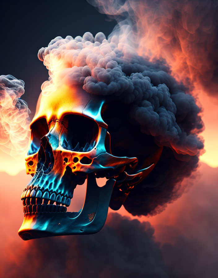 Burning human skull digital art against fiery background