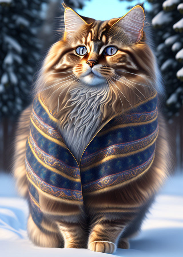 Fluffy cat in patterned coat with blue eyes in snowy landscape