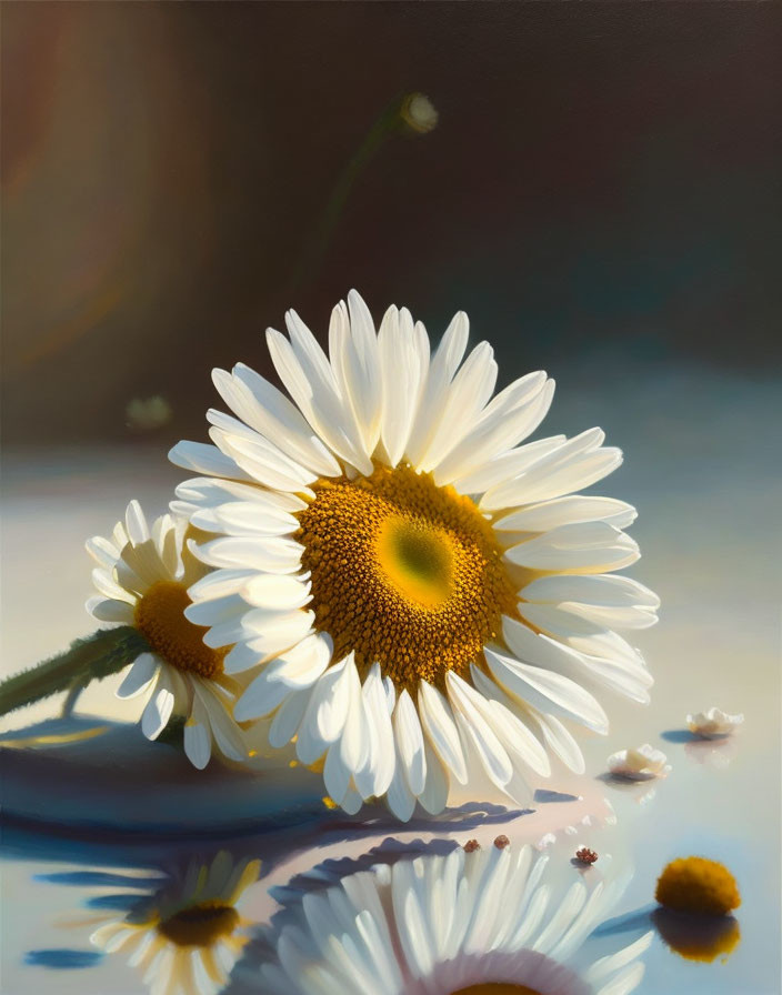 Realistic Painting of Two White Daisies on Dark Background