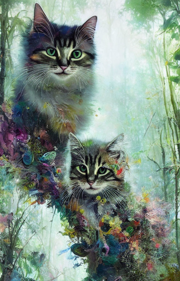 Whimsical artwork of two cats in vibrant forest setting