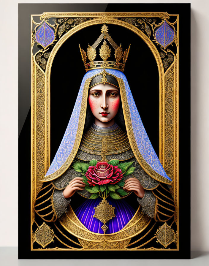 Stylized portrait of figure with crowned halo and roses bouquet in ornate frame