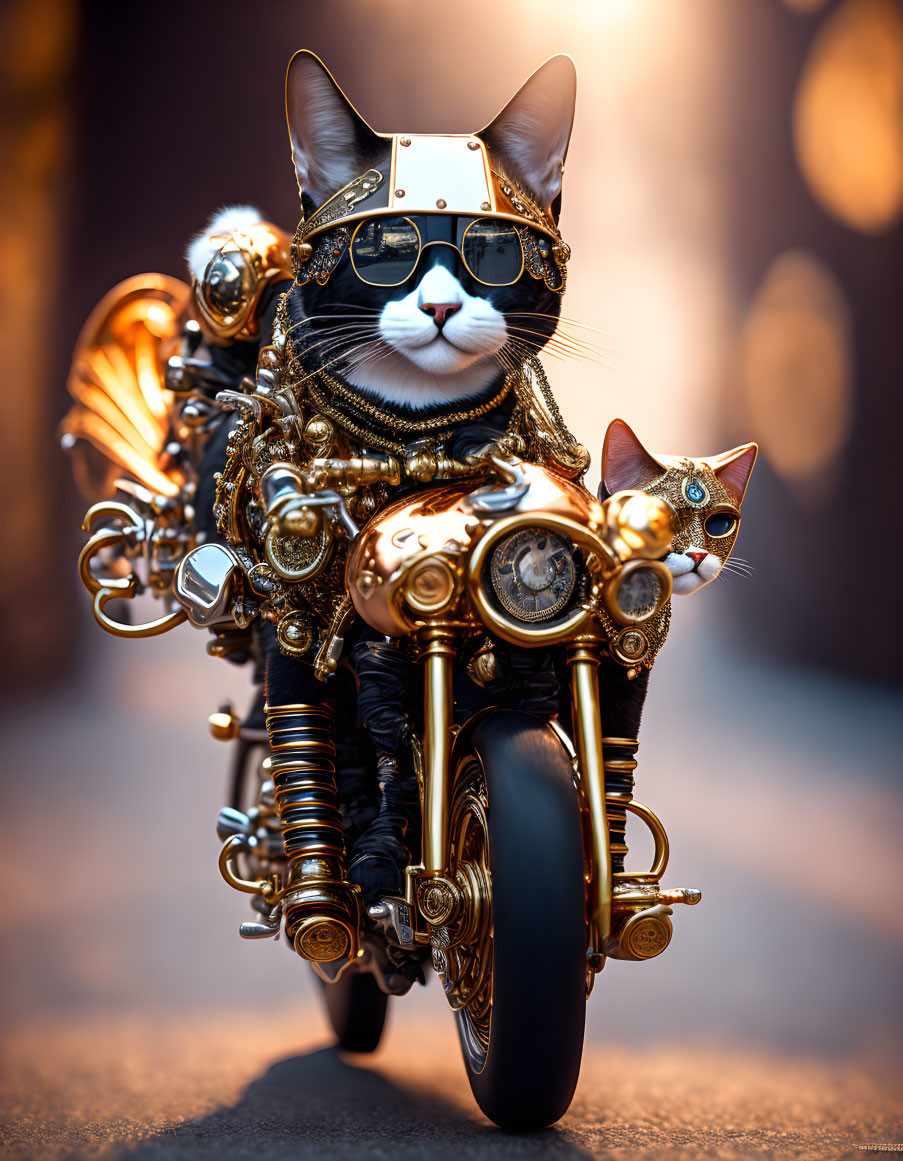 Steampunk-inspired cat duo on motorbike with goggles.