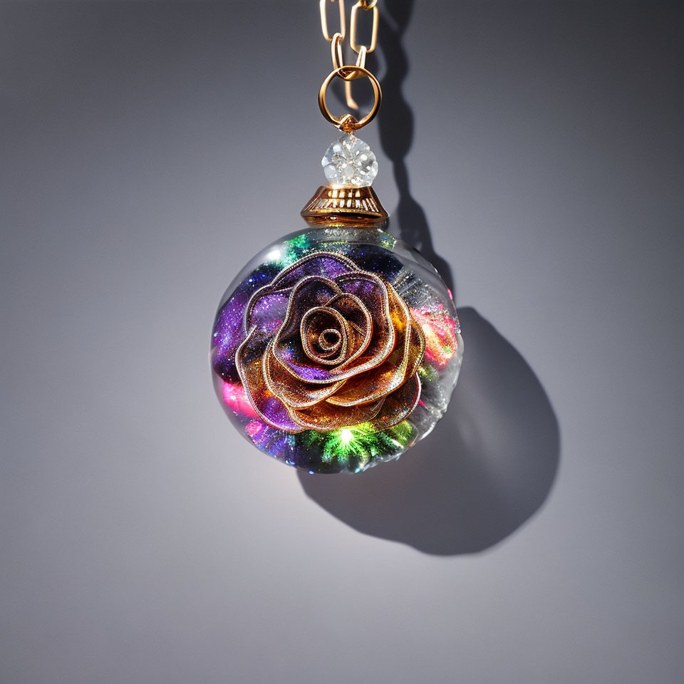 Glass pendant with rose in cosmic galaxy design on grey background